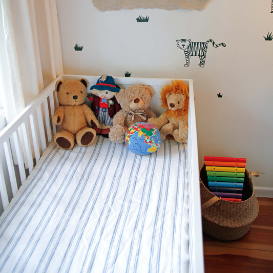 Fitted Linen Cot sheet - Navy white ticking