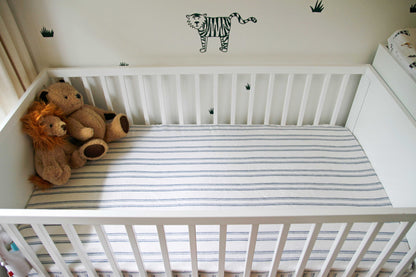 Fitted Linen Cot sheet - Navy white ticking